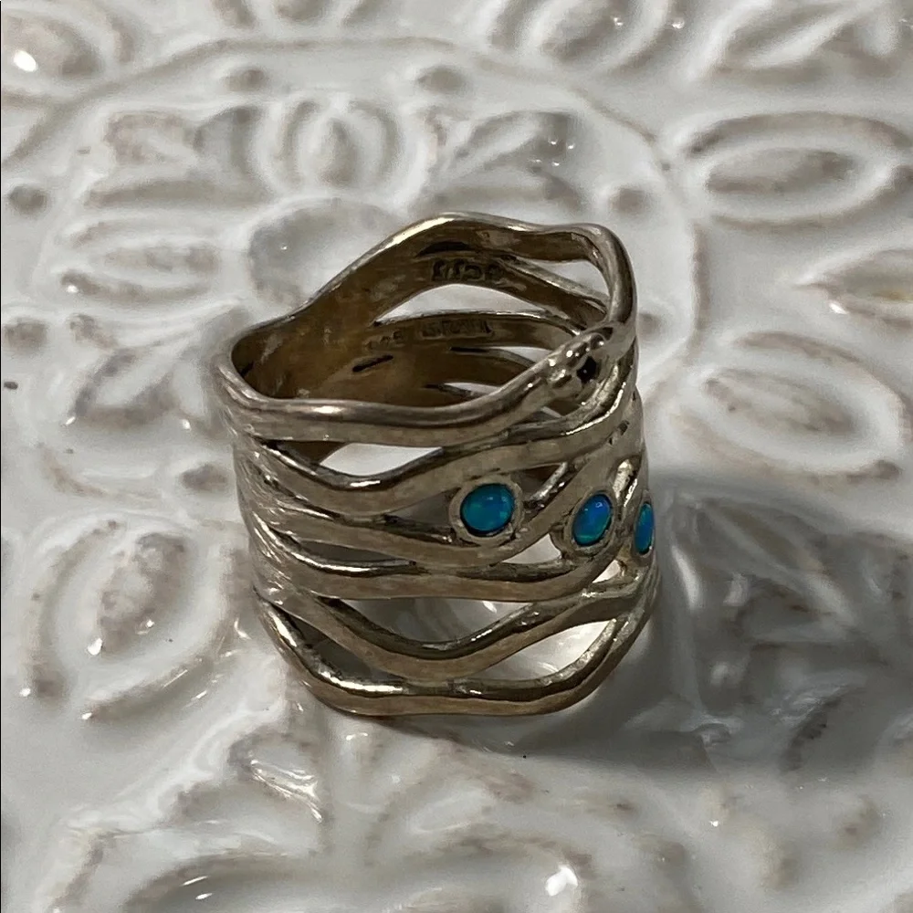 Vintage Israeli Sterling Silver Blue Fire Opal Wave Ring Size 6